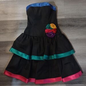 A.J. Bari Black Multi Color Strapless Vintage Ruffle Dress
